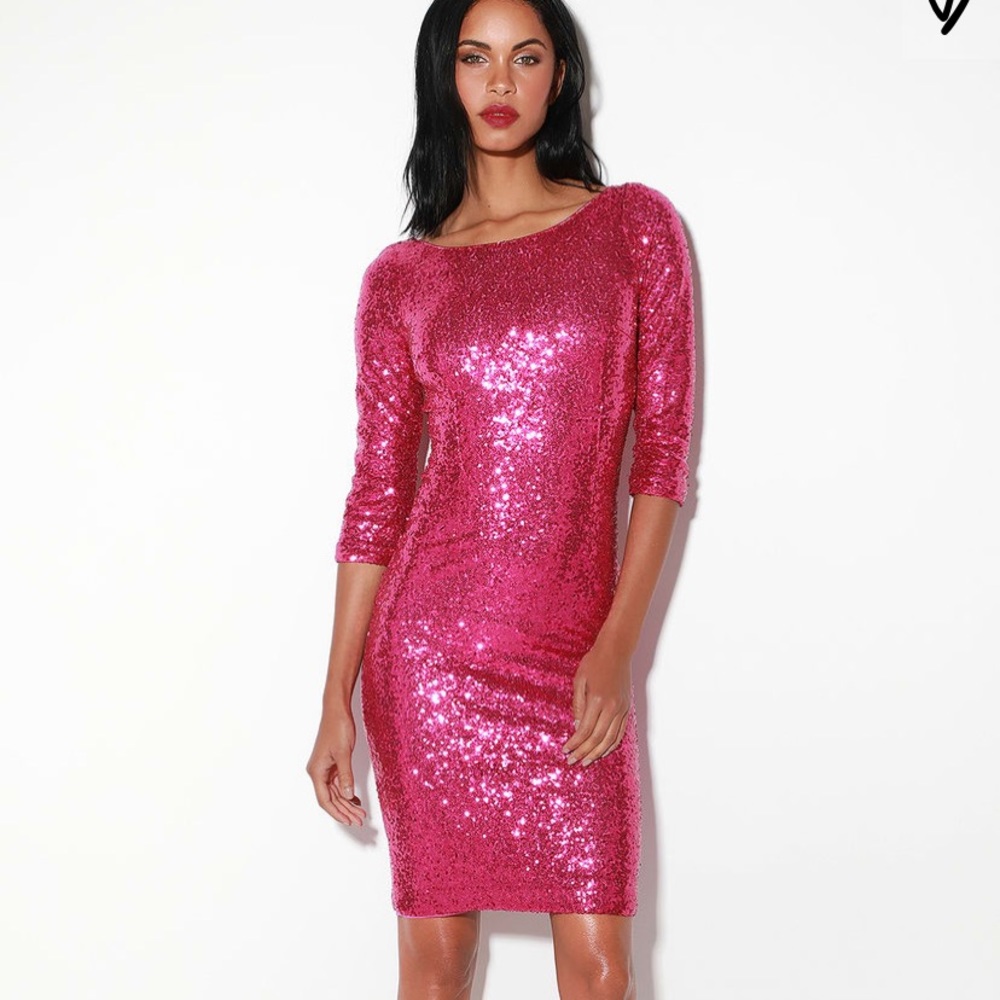 Lulu’s Fuchsia Sequin Bodycon Midi Dress pink